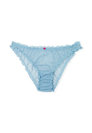 Braguitas de encaje azul claro con borde fruncido y una pequeña flor decorativa rosa en el centro. Presentan una textura translúcida y un diseño con patrón.