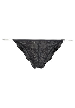 Schwarzer Spitzenstring mit floralem Muster, gewellten Kanten und silbernen Kettendetails. Leichter Stoff mit semi-transparenter Textur.