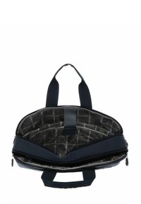 Sacoche d'ordinateur portable marine avec extérieur texturé, double poignée supérieure et fermeture éclair. L'intérieur comprend une doublure à motifs et plusieurs compartiments.