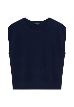 Camiseta de manga corta en azul marino, hecha de material suave, con un escote redondo y una silueta cuadrada sin cierres visibles.