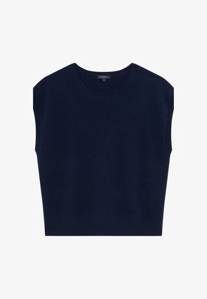 Camiseta de manga corta en azul marino, hecha de material suave, con un escote redondo y una silueta cuadrada sin cierres visibles.