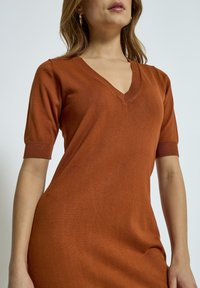 Robe à manches courtes en V couleur orange rouillé. Réalisée en tissu tricoté lisse avec une texture subtile. Silhouette ajustée qui met en valeur la forme.