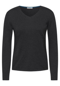 Pull à col en V gris foncé à manches longues avec poignets côtelés, ourlet droit et une petite étiquette de marque au niveau de l'encolure.