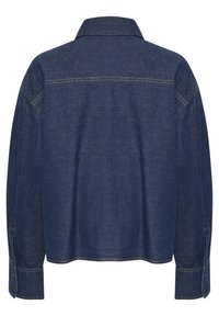 Blue denim shirt with a collar, long sleeves, and buttoned cuffs. Features a straight cut and visible stitching detail along the shoulders.