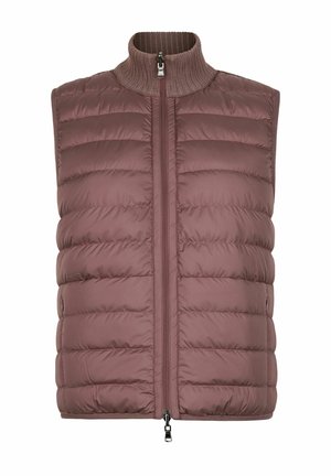 Ærmeløs polstret vest i mauve med vandret quiltning, ribbet ståkrave og tovejs lynlås foran.