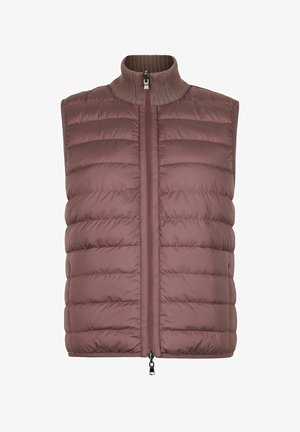 Ærmeløs polstret vest i mauve med vandret quiltning, ribbet ståkrave og tovejs lynlås foran.