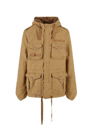Khaki parkas jakna s kapuco obloženo s umetnim krznom, ki ima štiri sprednje žepe, zapiranje na toggles in zategnjeno spodnji del. Gladka tekstura tkanine.