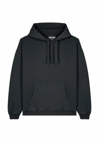 Felpa nera con cappuccio realizzata in morbido tessuto. Caratterizzata da una tasca a marsupio, polsini a costine e cappuccio con cordoncino. Design semplice senza motivi.