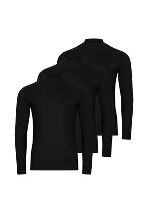 Tre magliette nere a tinta unita, a maniche lunghe e con collo alto, disposte affiancate su uno sfondo bianco.