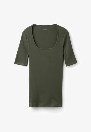 Olivgrünes, geripptes Kurzarmoberteil mit quadratischem Ausschnitt und figurbetontem Schnitt. Die Stoffstruktur wirkt weich und dehnbar.