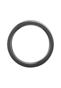 Anello metallico circolare con una finitura nera lucida, texture liscia e una sottile bordatura argentata che ne esalta il bordo.