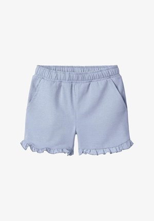 Shorts de algodón azul claro con dobladillo con volantes, cintura elástica y dos bolsillos laterales. Textura suave con un brillo sutil.