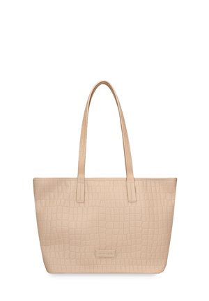 Beige tote tas met krokodillenstructuur, dubbele schouderriemen en rechthoekige vorm, geschikt voor dagelijks gebruik.
