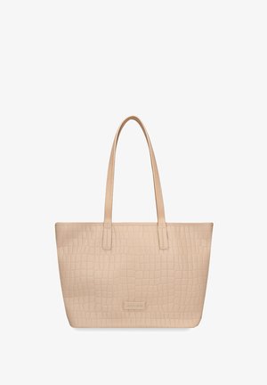 Beige tote tas met krokodillenstructuur, dubbele schouderriemen en rechthoekige vorm, geschikt voor dagelijks gebruik.