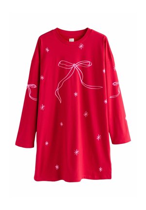 Rochie roșie cu mâneci lungi, având un fundiță roz și modele cu stele împrăștiate pe față și pe mâneci, cu un decolteu rotund.