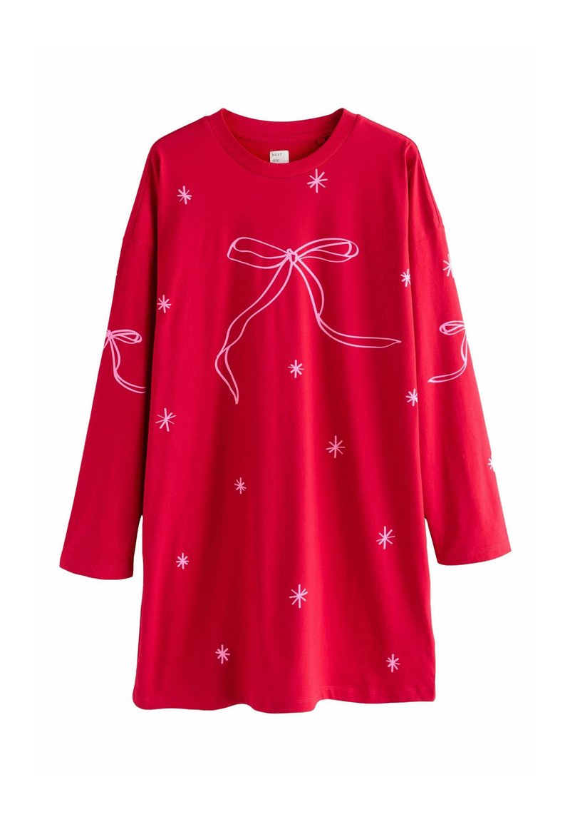 Červené šaty s dlhým rukávom, ružovou mašľou a roztratenými hviezdami na prednej strane a rukávoch, s okrúhlym výstrihom.