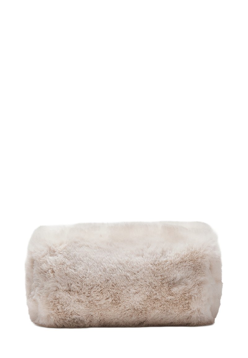 Faux fur rectangular cushion in a light beige color, featuring a soft, fluffy texture and smooth edges. Suitable for decorative use.
