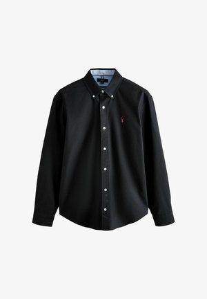 Czarna koszula z guzikami, wykonana z bawełny, z kołnierzykiem, długimi rękawami i małym czerwoną grafiką homara na piersi. Posiada białe guziki.