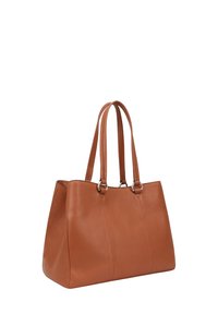 Bruine leren tote bag met dubbele handvatten, een gladde textuur, rechthoekige vorm en gestikte paneeldetails. Geen zichtbare hardware.