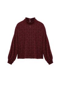 Pullover bordeaux con texture a costine, colletto arricciato alto e maniche a sbuffo. Presenta un motivo a foglia e una silhouette cropped.