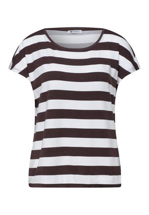 Chemise pour femme à manches courtes avec de larges rayures horizontales noires et blanches et un col rond.