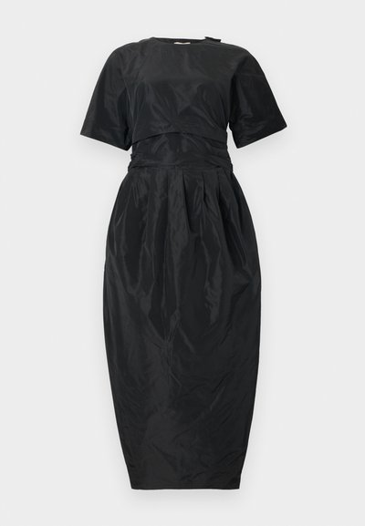 Black mid-length dress with short sleeves, fitted waist, and gathered skirt, displayed flat against a white background.