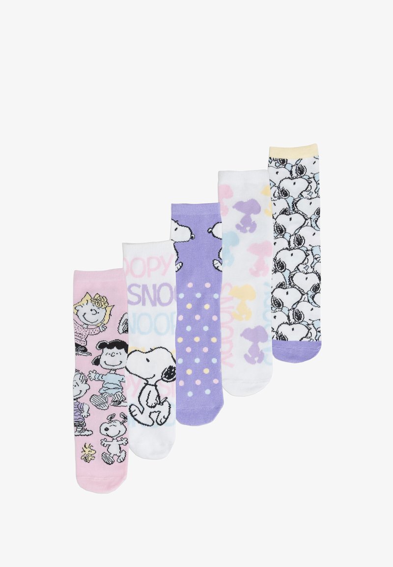Cinque paia di calzini con design di cartoni animati. I colori includono rosa, viola, bianco e nero, con motivi come pois e personaggi.