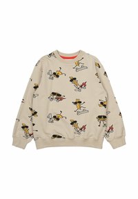 Felpa beige con grafiche dei personaggi in stile cartoon in nero, giallo e rosso su skateboard e oggetti. Materiale in felpa strutturata.