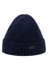 Navy knitted beanie hat with ribbed texture, fold-over cuff, and a small embossed brand tag on the side. Soft material finish.