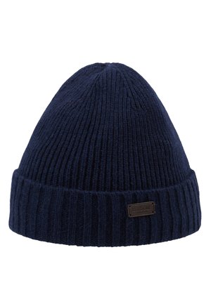 Bonnet en tricot navy avec texture côtelée, revers et une petite étiquette de marque en relief sur le côté. Finition en matériau doux.