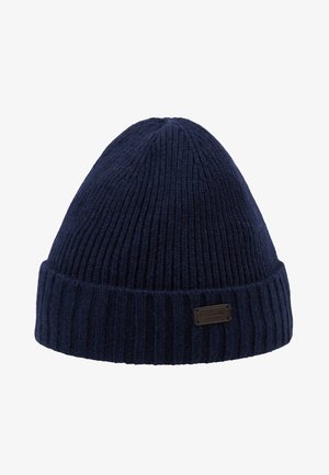 Gorro de malha azul-marinho com textura canelada, com dobra na parte superior e uma pequena etiqueta da marca em relevo na lateral. Material suave.