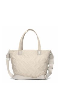Borsa tote trapuntata di un beige chiaro con due manici corti e una tracolla staccabile. Presenta un motivo a zigzag e dettagli grigi lisci.