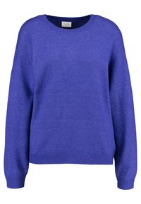 Pull à col rond à manches longues de couleur bleu roi uni avec poignets et ourlet côtelés, confectionné en tissu tricoté doux.