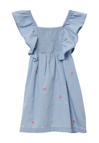 Light blue cotton dress with ruffled sleeves, smocked bodice, and embroidered flowers and strawberries along the skirt.