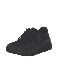 Chaussure de sport noire avec tige en mesh, semelle épaisse et accents texturés. Dispose de lacets et d'un design incurvé pour un soutien supplémentaire.