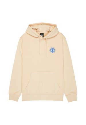 Felpa beige con cappuccio regolabile con coulisse, tasca a marsupio sul davanti e logo circolare blu sul petto. Tessuto morbido e testurizzato.