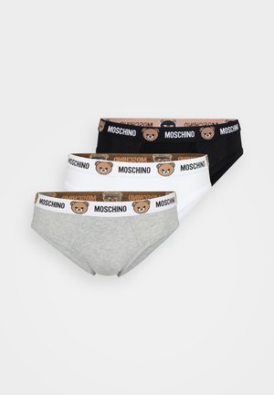 Quatro pares de boxers masculinos Moschino em cinza, branco e preto. Cada um possui uma gráfica de urso na cintura elástica. Tecido macio em mistura de algodão.