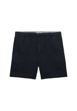Shorts neri con vita elastica, tasche frontali e coulisse annodata al centro, esposti su sfondo bianco.