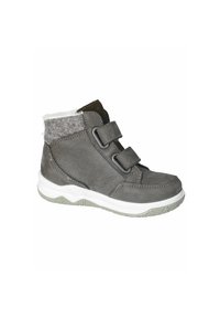 Grå læder ankelstøvle med to justerbare velcroremme, filt detalje øverst og en hvid og grå sål. Tekstureret overflade.