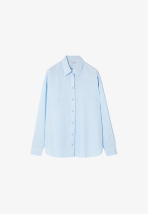 Lysblå langærmet skjorte med knapper og krave, fremstillet i et tekstureret stof, lige snit og en buet kant.