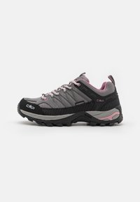 Waterproof hiking shoes with a gray upper, black accents, gray and pink details, and a rugged black sole for traction.