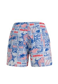 Plavkové šortky vyrobené z ľahkej látky s viacfarebnou komiksovou potlačou, ktorá obsahuje modré a červené akcenty zobrazujúce scény a texty o Spider-Manovi.