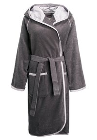 Grau terry Stoff-Bademantel mit Kapuze, weißem Besatz, langen Ärmeln, zwei Fronttaschen und einem passenden Gürtel zum Verschließen. Weiche Textur.