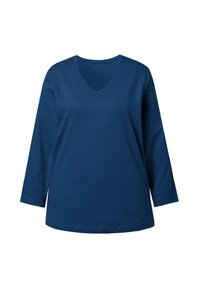 Donkerblauw langemouwen V-hals t-shirt van zacht katoen met een ontspannen pasvorm en gebogen zoom. Soepele textuur, geen patronen of accenten.
