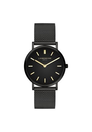 Schwarze Uhr mit minimalistischem runden Zifferblatt, goldenen Stundenmarkierungen und einem schwarzen Mesh-Metallband. Verfügt über eine glatte Textur und ein schlichtes Design.