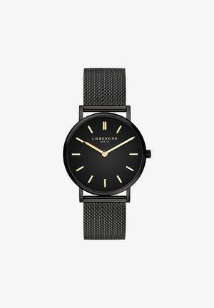 Schwarze Uhr mit minimalistischem runden Zifferblatt, goldenen Stundenmarkierungen und einem schwarzen Mesh-Metallband. Verfügt über eine glatte Textur und ein schlichtes Design.