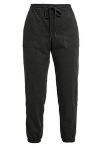 Ciemnoszare dresy z elastycznym paskiem w talii, regulowanym sznurkiem, kieszeniami po bokach i elastycznymi mankietami na kostkach. Miękka tekstura.