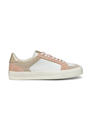 Sneakers with a white leather upper, pink suede accents, and metallic gold heel. Features beige laces and a textured rubber sole.