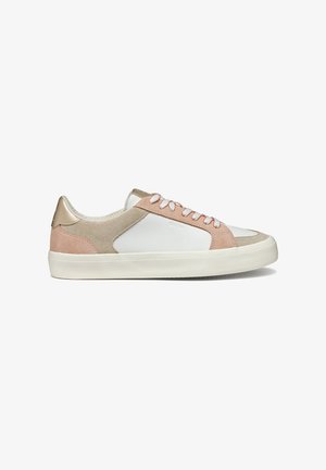 Sneakers with a white leather upper, pink suede accents, and metallic gold heel. Features beige laces and a textured rubber sole.