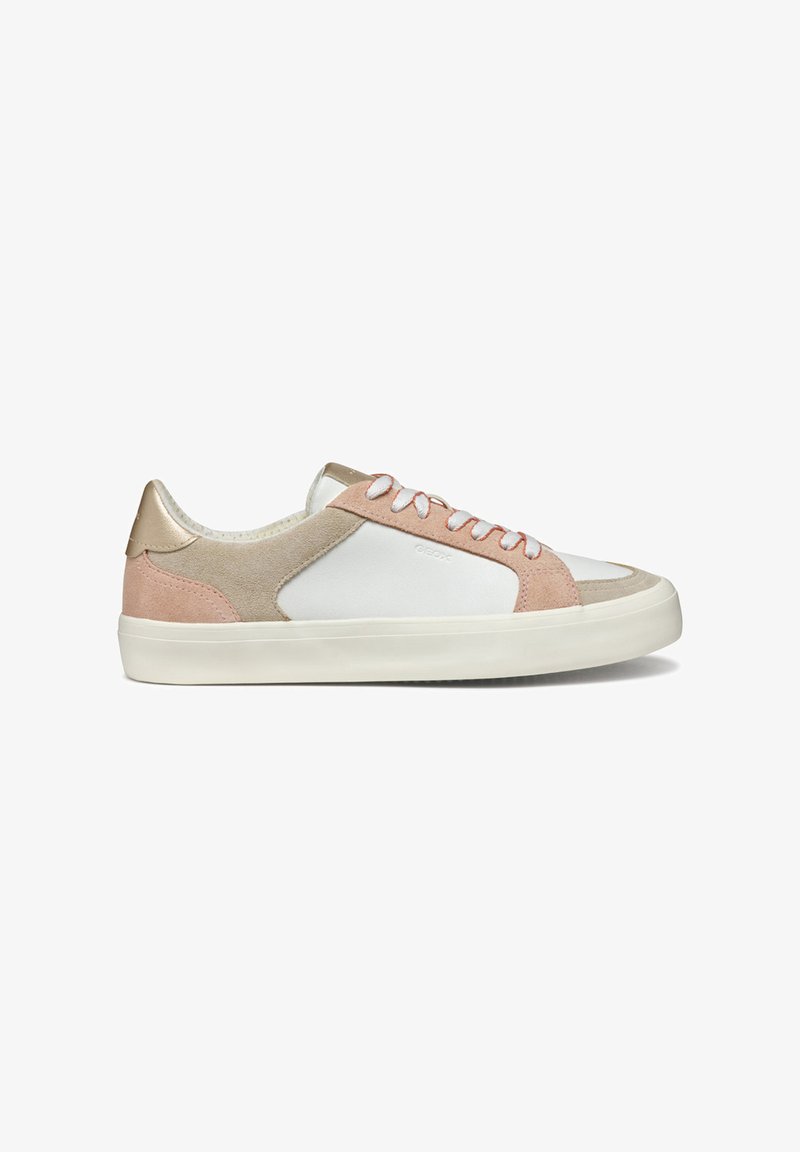 Sneakers with a white leather upper, pink suede accents, and metallic gold heel. Features beige laces and a textured rubber sole.